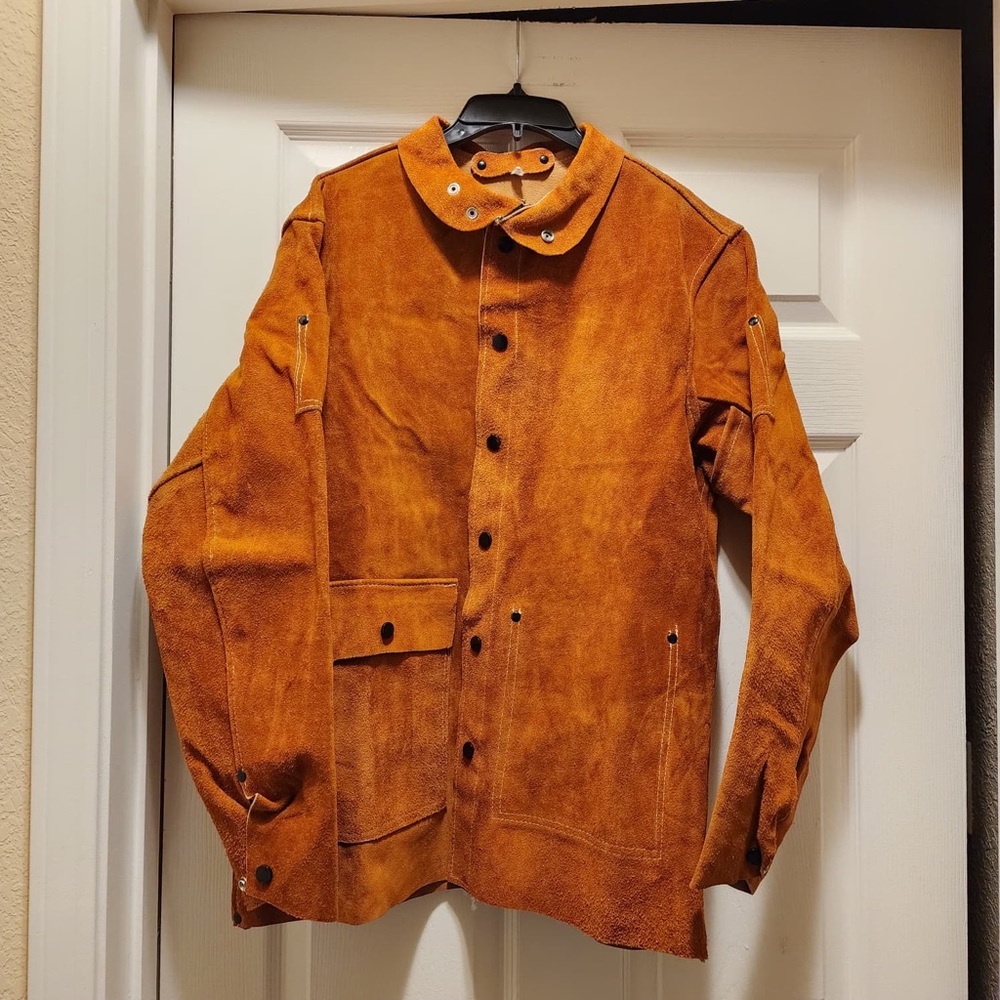 Cowhide Leather Welding Jacket Heavy Duty Protection Snap-Velcro Pockets